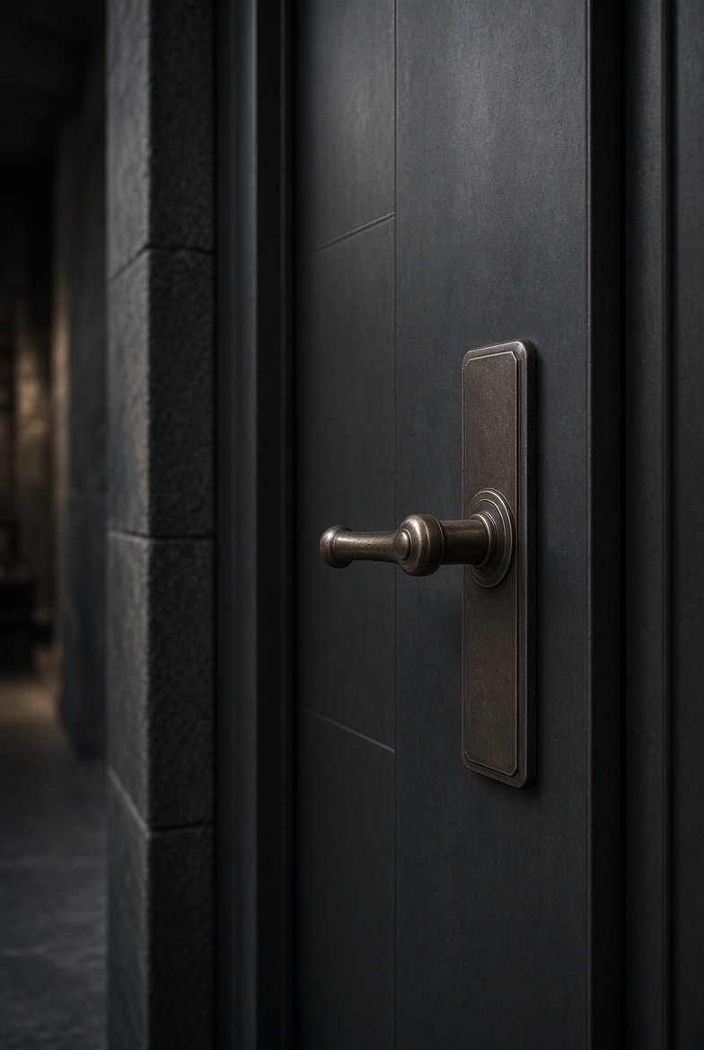 A dark door with a bronze handle