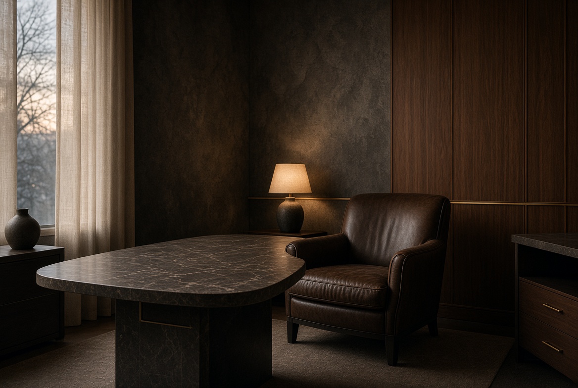A quiet paneled room with a stone table and a single chair